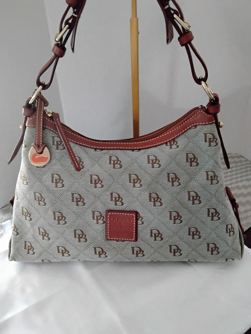Vintage Doone & Bourke Brown Leather Beige Monogram Fabric Hobo
